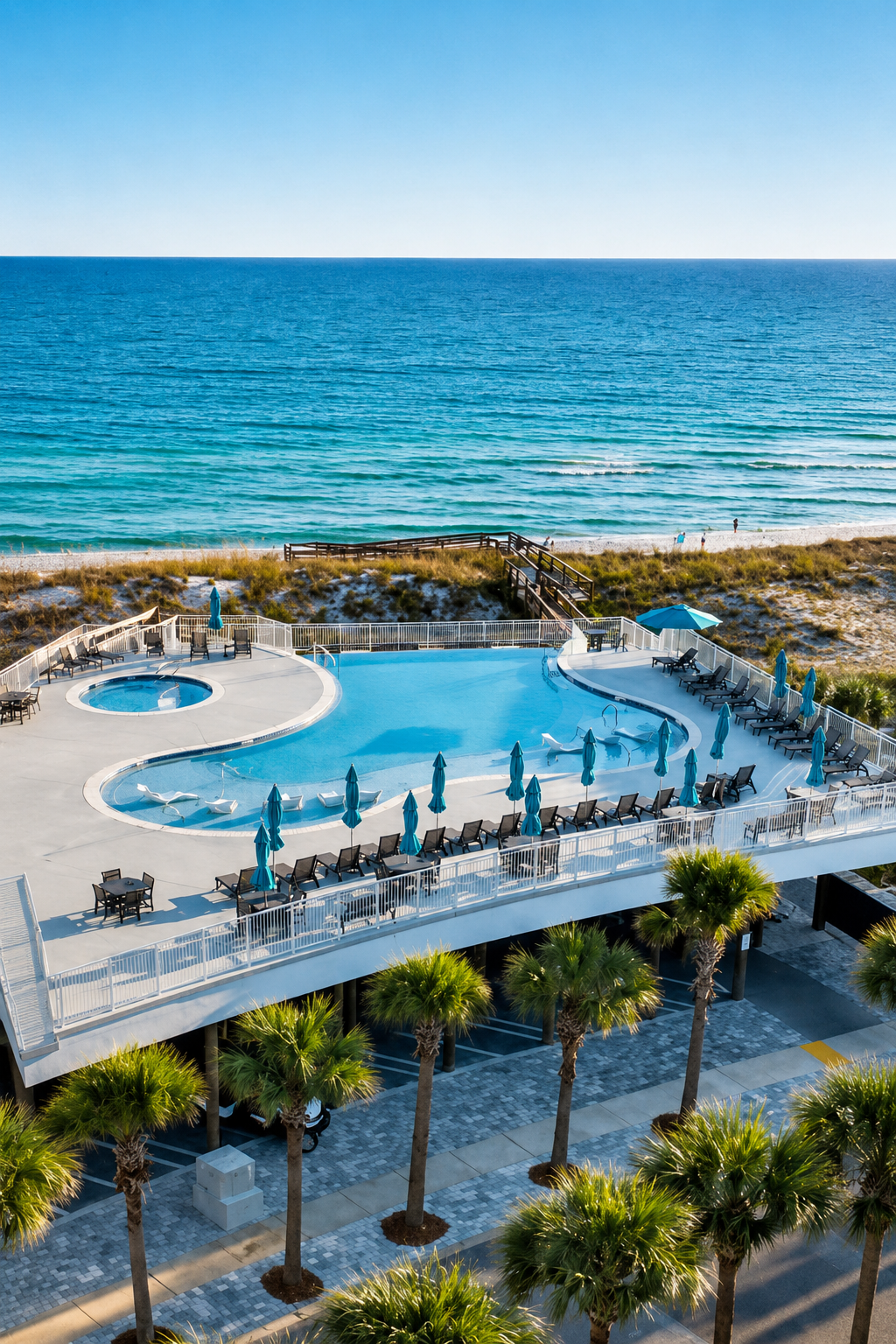 Beachfront community pool overlooking the Gulf at Destin Pointe on Holiday Isle